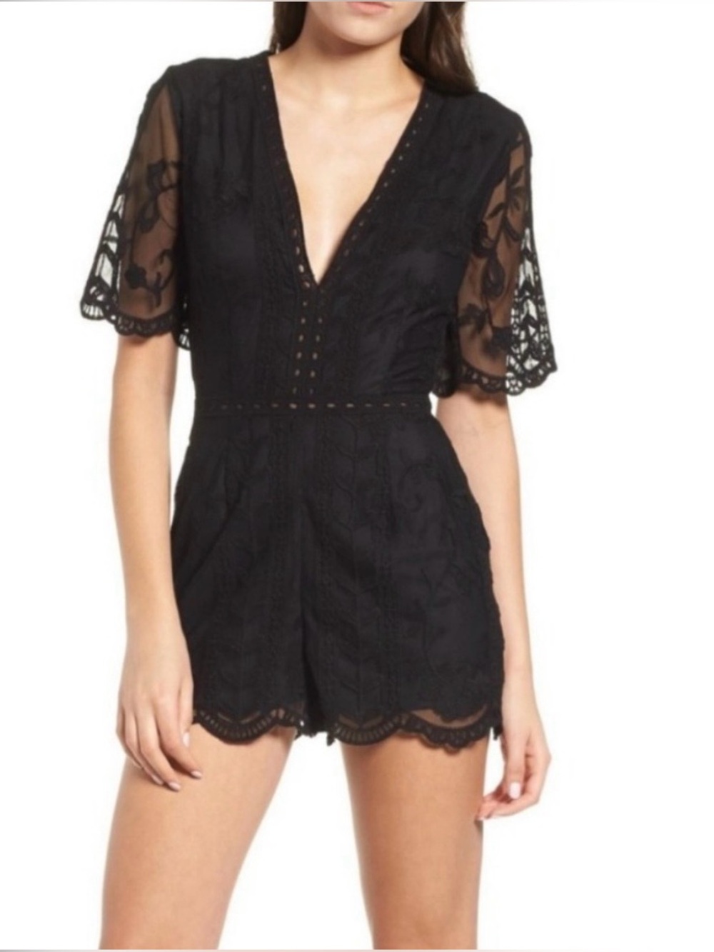 Socialite Black Lace V-Neck Romper with Sheer Embroidery